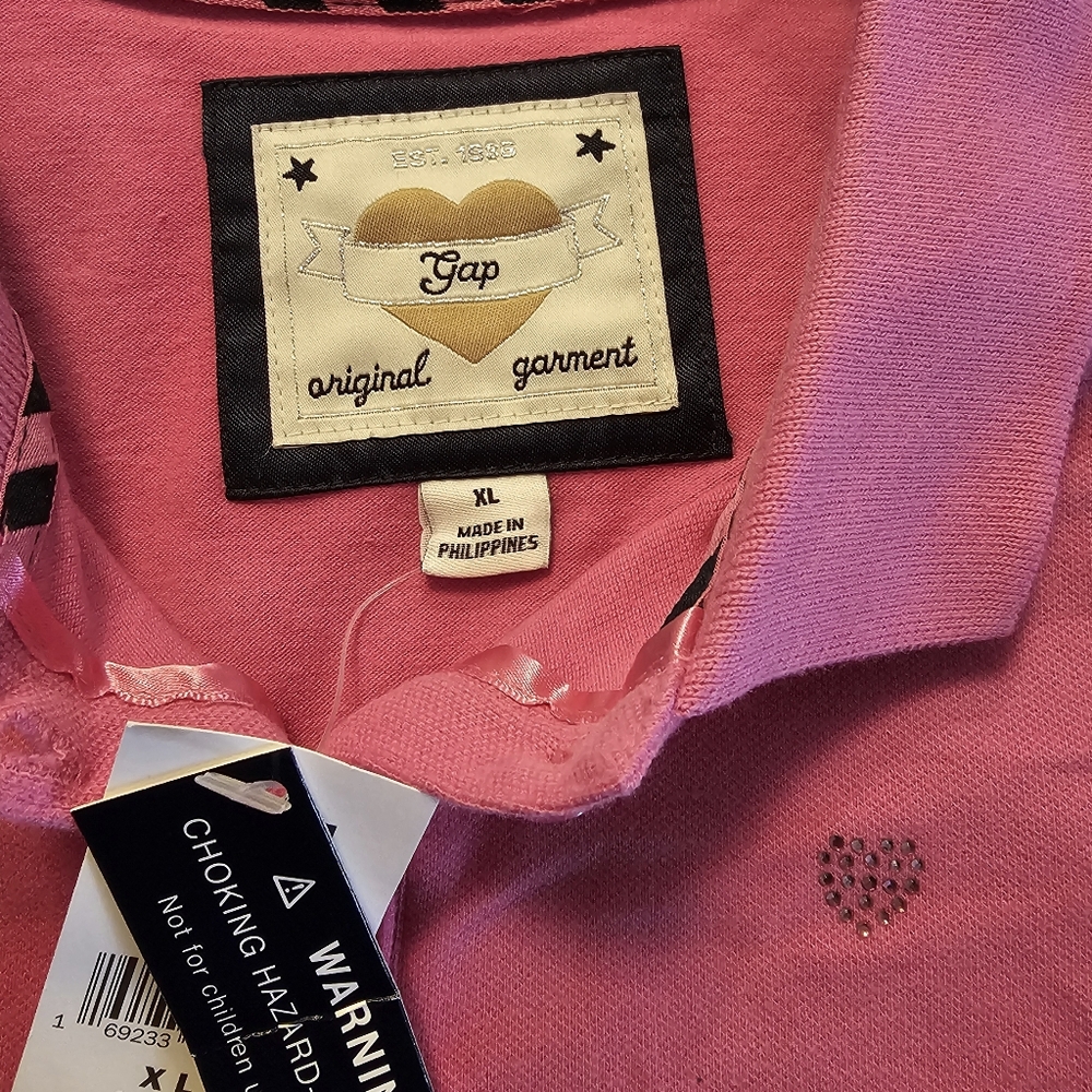 NEW Two GAP polo tops shirts lot pink rhinestone hearts 12 XL NWT Preppy